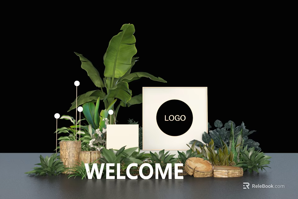 Art Installation With Lush Green Plants Welcome Sign LOGO Display And Natural Decor Elements 3d model 