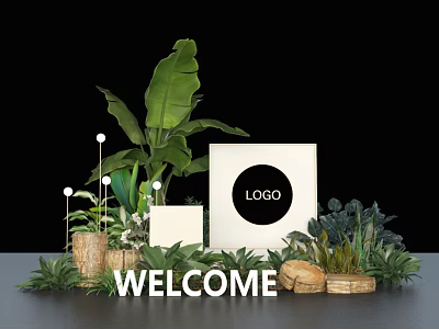 Art Installation With Lush Green Plants Welcome Sign LOGO Display And Natural Decor Elements 3d model