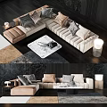 Elegant Modern Sectional Multi seater Sofa With Decorative Pillows Marble Coffee Table And Floor Lamp 3d model