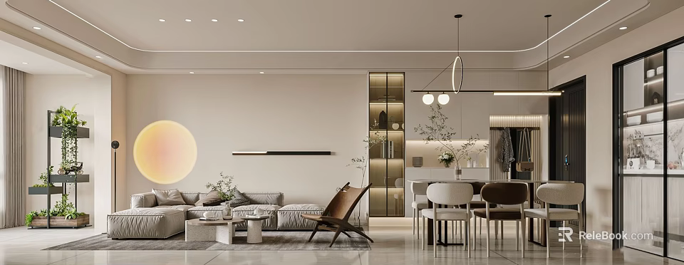 Modern Living and Dining Room Interior With Sofa Dining Table And Hanging Light 3d model 