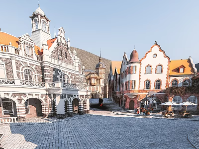 Charming European Style Commercial Street With Colorful Roofs Stone Paved Square And Outdoor Seating 3d model