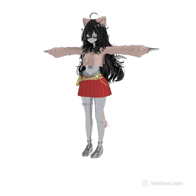Anime Character With Black Hair Pink Top Red Pleated Skirt Gray Skin Bandages Silver Shoes 3d model 