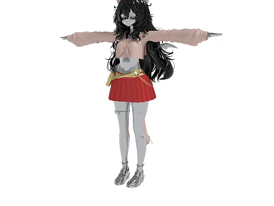 Anime Character With Black Hair Pink Top Red Pleated Skirt Gray Skin Bandages Silver Shoes 3d model