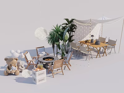 Outdoor Table With Wooden Chairs Tent Potted Plants Fire Pit Stuffed Bear And Storage Box 3d model
