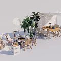 Outdoor Table With Wooden Chairs Tent Potted Plants Fire Pit Stuffed Bear And Storage Box