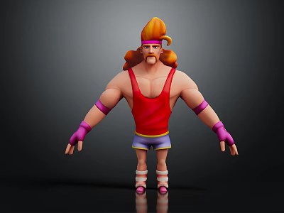 Muscular 3D Creature Character With Orange Braided Hair Pink Headband Red Tank Top Blue Shorts 3d model