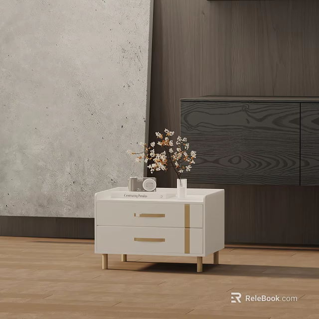 White Side Table with Two Drawers Gold Handles and Wooden Legs Decorative Flowers 3d model 
