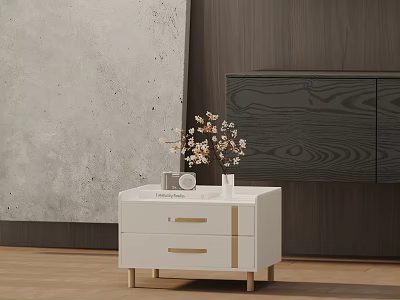 White Side Table with Two Drawers Gold Handles and Wooden Legs Decorative Flowers 3d model