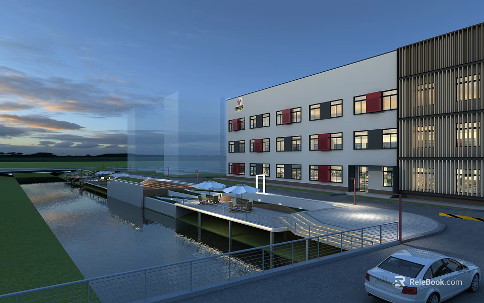 Modern Multi Story Industrial Factory Building With Waterfront Area And Parking Lot 3d model 