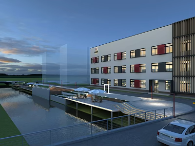Modern Multi Story Industrial Factory Building With Waterfront Area And Parking Lot 3d model