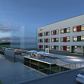 Modern Multi Story Industrial Factory Building With Waterfront Area And Parking Lot