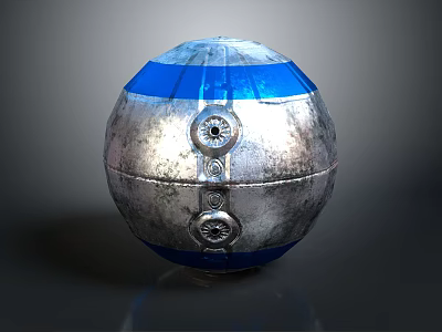 Metallic Sphere With Silver Surface And Blue Horizontal Stripes Featuring Circular Components 3d model