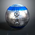 Metallic Sphere With Silver Surface And Blue Horizontal Stripes Featuring Circular Components