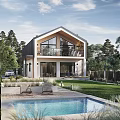 Modern Detached Villa With Large Glass Windows Balcony And Landscaped Garden Surrounded By Trees