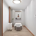 Modern Minimalist SPA Room Interior With Massage Beds Wooden Flooring Round Light And Mirrors