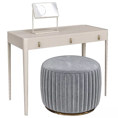 Modern White Dressing Table With Brass Handles And Gray Pleated Velvet Stool 3d model