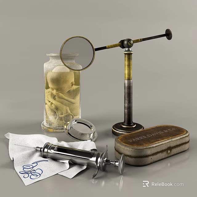 Vintage Medical Tools Hanging Decor Featuring Glass Jar Magnifying Glass Syringe And Metal Case 3d model 