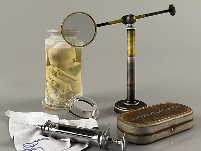 Vintage Medical Tools Hanging Decor Featuring Glass Jar Magnifying Glass Syringe And Metal Case 3d model