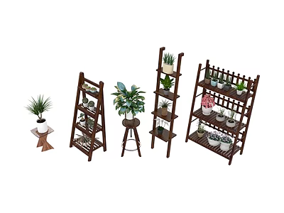 Indoor Plant Combination With Wooden Ladder Shelves And Multi Tiered Plant Stands 3d model