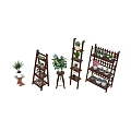 Indoor Plant Combination With Wooden Ladder Shelves And Multi Tiered Plant Stands