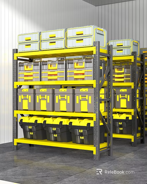 Sturdy Industrial Storage Rack With Multiple Shelves And Yellow Gray Bins 3d model 