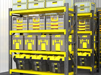 Sturdy Industrial Storage Rack With Multiple Shelves And Yellow Gray Bins 3d model