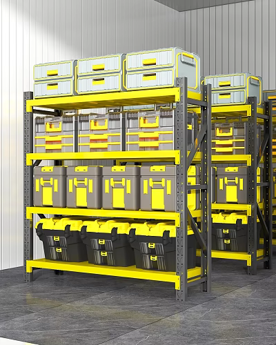 Sturdy Industrial Storage Rack With Multiple Shelves And Yellow Gray Bins 3d model