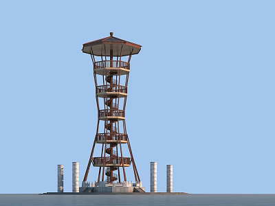 Modern Spiral Staircase Tower With Pavilion Top And Columns On Water Surface 3d model