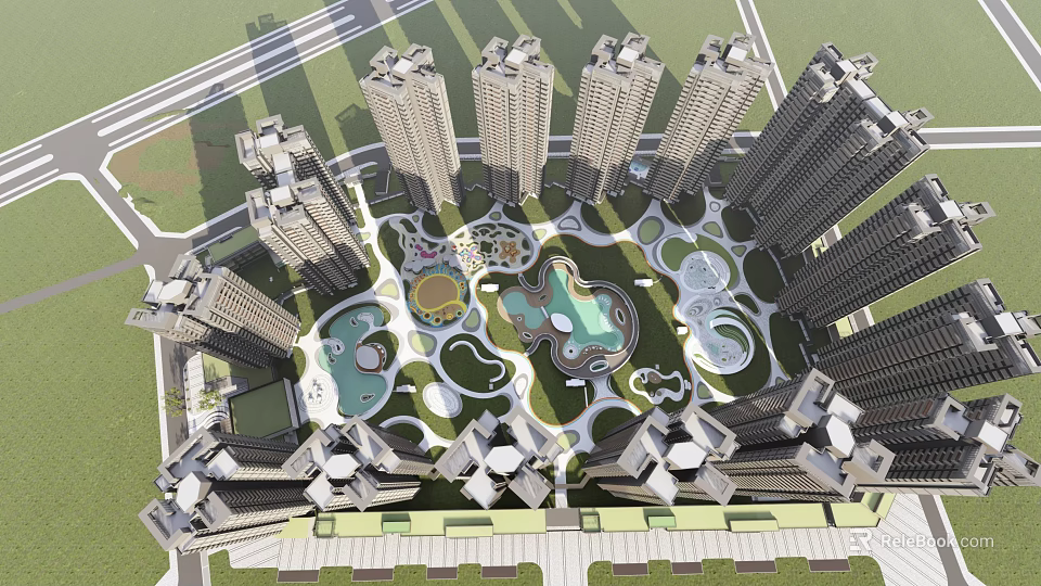 Modern Residential Landscape with High Rise Buildings Central Green Space Water Features and Recreational Areas 3d model 