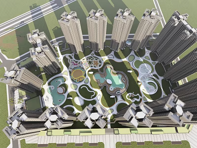 Modern Residential Landscape with High Rise Buildings Central Green Space Water Features and Recreational Areas 3d model