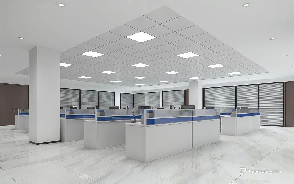 Modern Public Office Space With Workstations Cubicles Ceiling Lights And Marble Flooring 3d model 