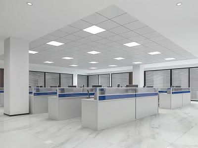 Modern Public Office Space With Workstations Cubicles Ceiling Lights And Marble Flooring 3d model