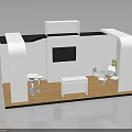 White Exhibition Booth Interior With TV Tables Chairs And Plant Design