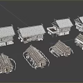 Traditional Residential Buildings With Various Sloped Roof Designs And Wooden Structures