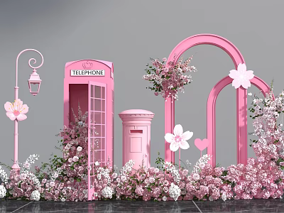 Pink Themed Photo Spot With Telephone Booth Postbox Arch And Flowers 3d model