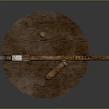 Decorative Axe Display With Intricate Metal Head Wooden Handle On Round Base And Scroll