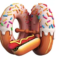 Two Donuts Holding a Hot Dog with Colorful Sprinkles and Frosting