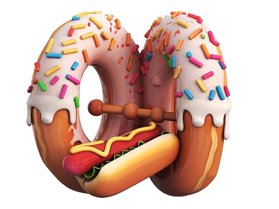 Two Donuts Holding a Hot Dog with Colorful Sprinkles and Frosting 3d model