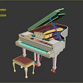 Elegant White Grand Piano With Red Cushion Piano Stool And Open Lid 3d model