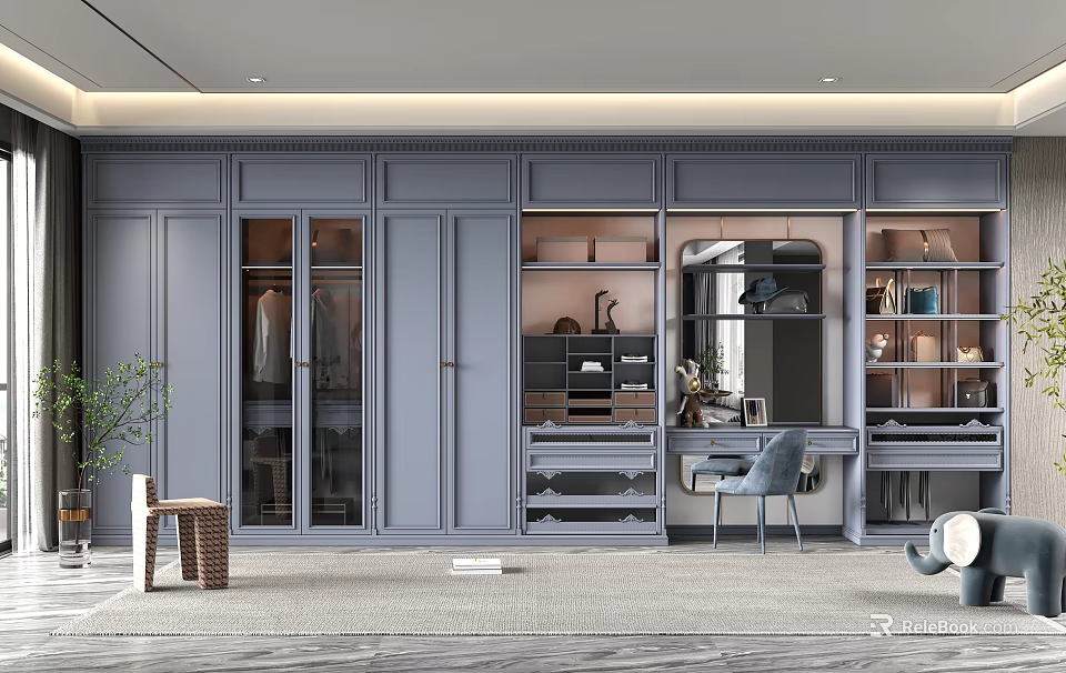 Elegant Modern Gray Wardrobe Interior With Glass Doors Open Design Dressing Table And Bookshelves 3d model 