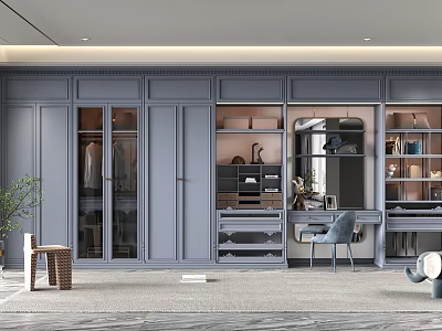 Elegant Modern Gray Wardrobe Interior With Glass Doors Open Design Dressing Table And Bookshelves 3d model