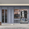 Elegant Modern Gray Wardrobe Interior With Glass Doors Open Design Dressing Table And Bookshelves