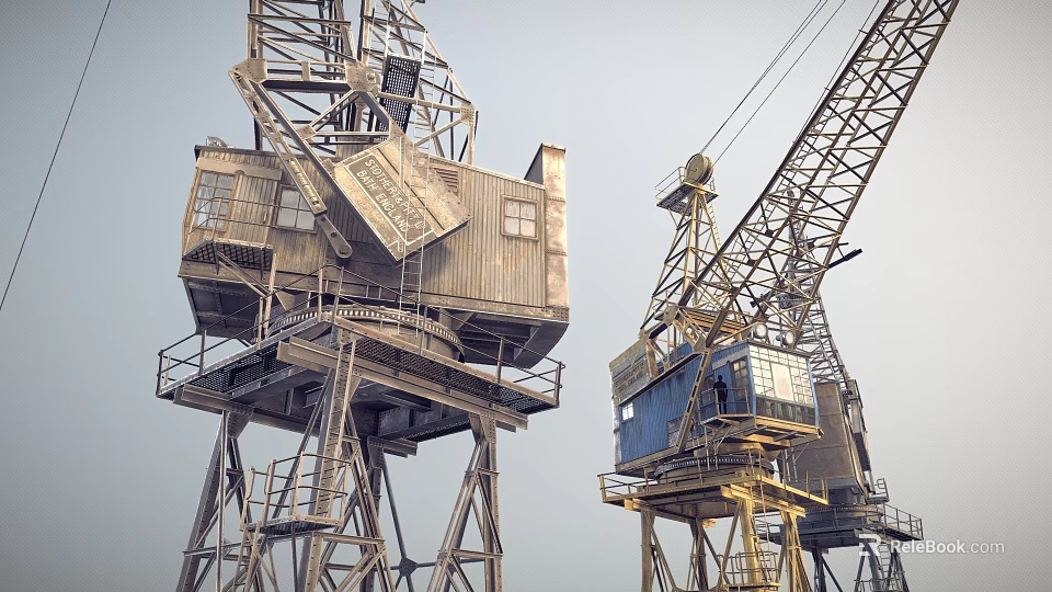 Industrial Equipment Tower Cranes With Vintage Metal Structure And Operator Cabins 3d model 