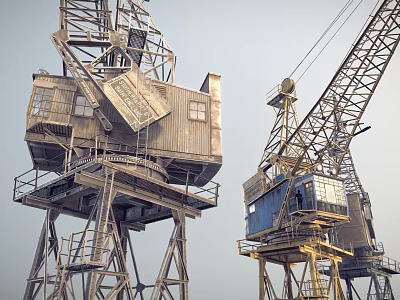 Industrial Equipment Tower Cranes With Vintage Metal Structure And Operator Cabins 3d model