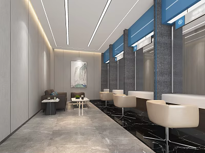 Modern Service Hall Interior With Gray Walls Blue Accents Beige Seats And Marble Floor 3d model