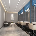 Modern Service Hall Interior With Gray Walls Blue Accents Beige Seats And Marble Floor