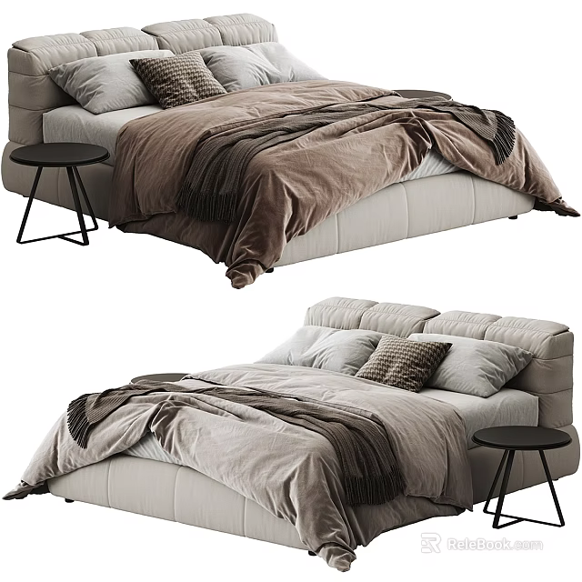 Modern Minimalist Upholstered Double Bed With Soft Bedding And Small Round Side Table For Bedroom 3d model 