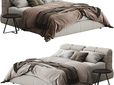 Modern Minimalist Upholstered Double Bed With Soft Bedding And Small Round Side Table For Bedroom 3d model