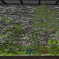 Lush Indoor Landscape With Diverse Green Plants Stone Wall Wooden Floor And Ceiling Lighting