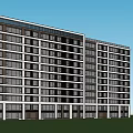Modern Apartment Building Exterior With Tree Landscaping And Outdoor Seating Areas